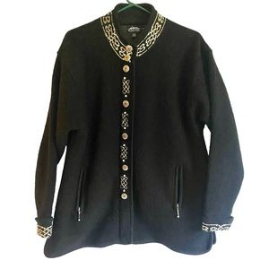 Icelandic Design Sweater Jacket Black w/White Trim Wool Fully Lined M/L Zipper